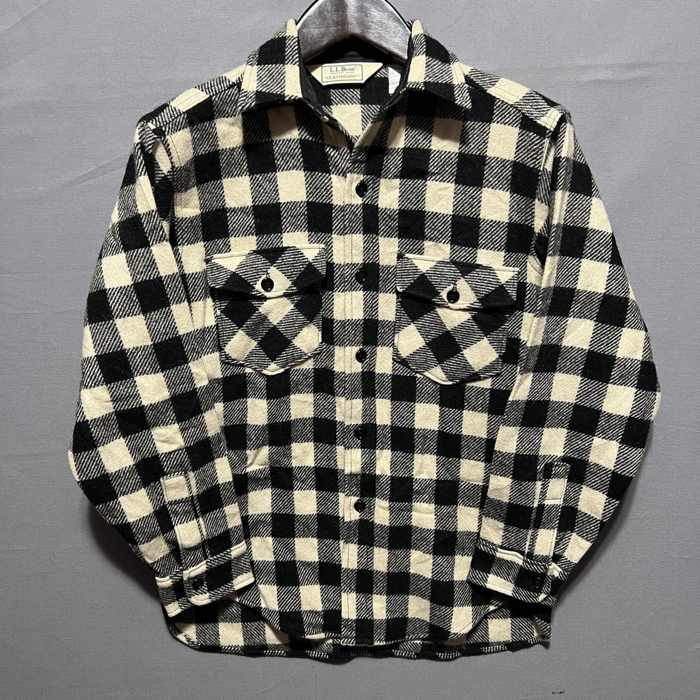 VINTAGE L.L. Bean Mens M Black White Wool Shirt Buffalo Plaid USA Old Friends